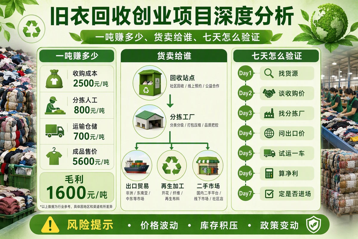 旧衣回收创业项目深度分析2026：一吨赚多少、货卖给谁、七天怎么验证